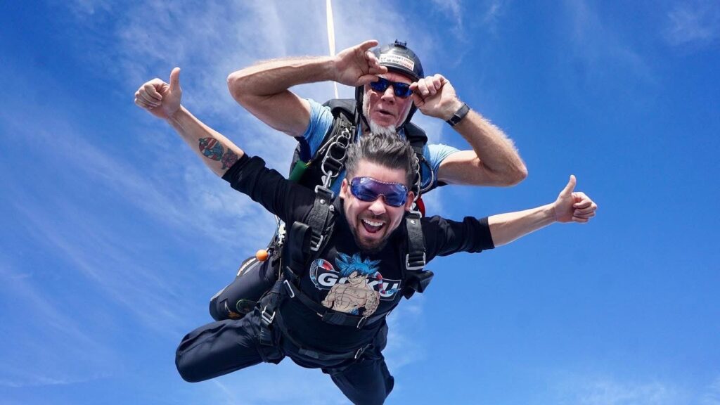first time tandem skydiver in freefall at Skydive DeLand